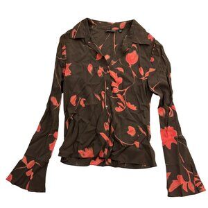 Tahari Top Womens 8 Silk Blend Floral Button Up Sheer Boho Flared Sleeves Brown